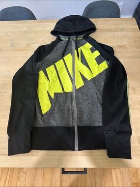 Nike Men’s Black & Gray Zip Hoodie with Neon Yellow Logo